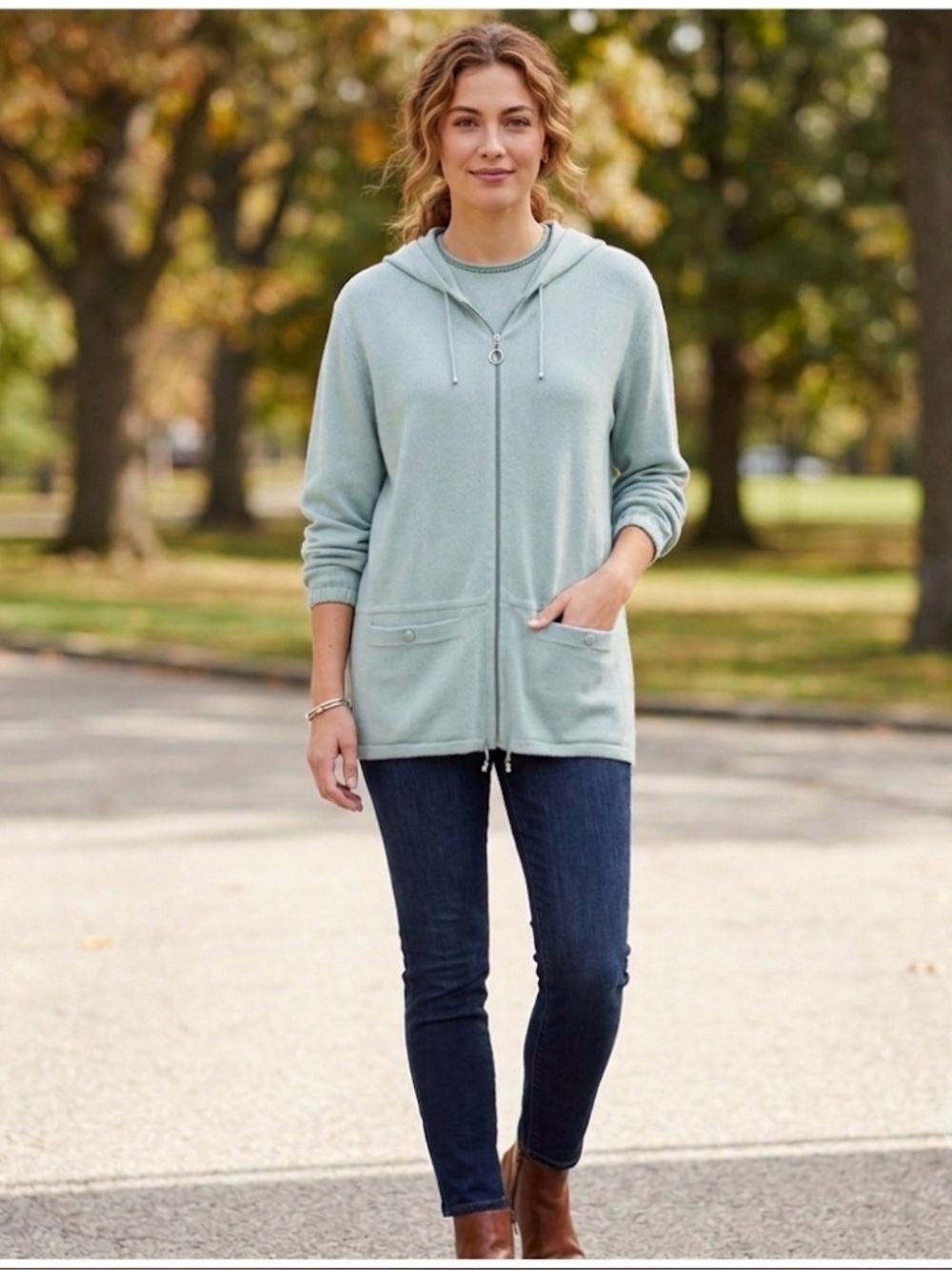 St John Marie Gray hooded light Blue Sweater Size Medium wool blend full zip